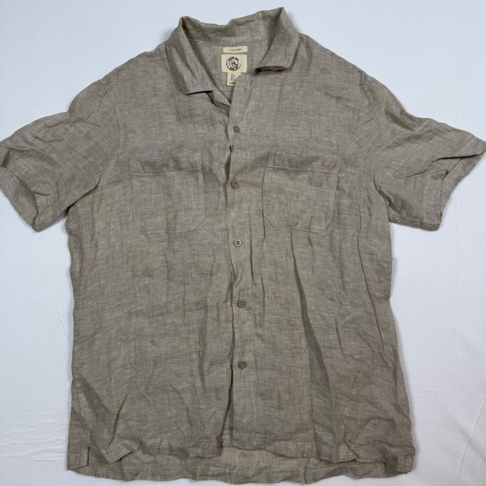 Panama Jack‎ Mens 100% Linen Short Sleeve Button Down Shirt Khaki Tan Large